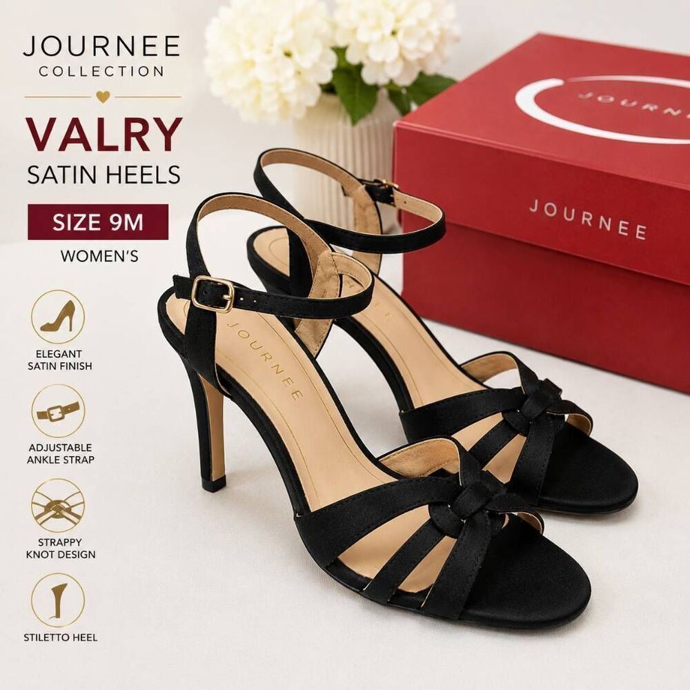 Journee Collection Valry Black Satin Heels Women’s Size 9M Ankle Strap